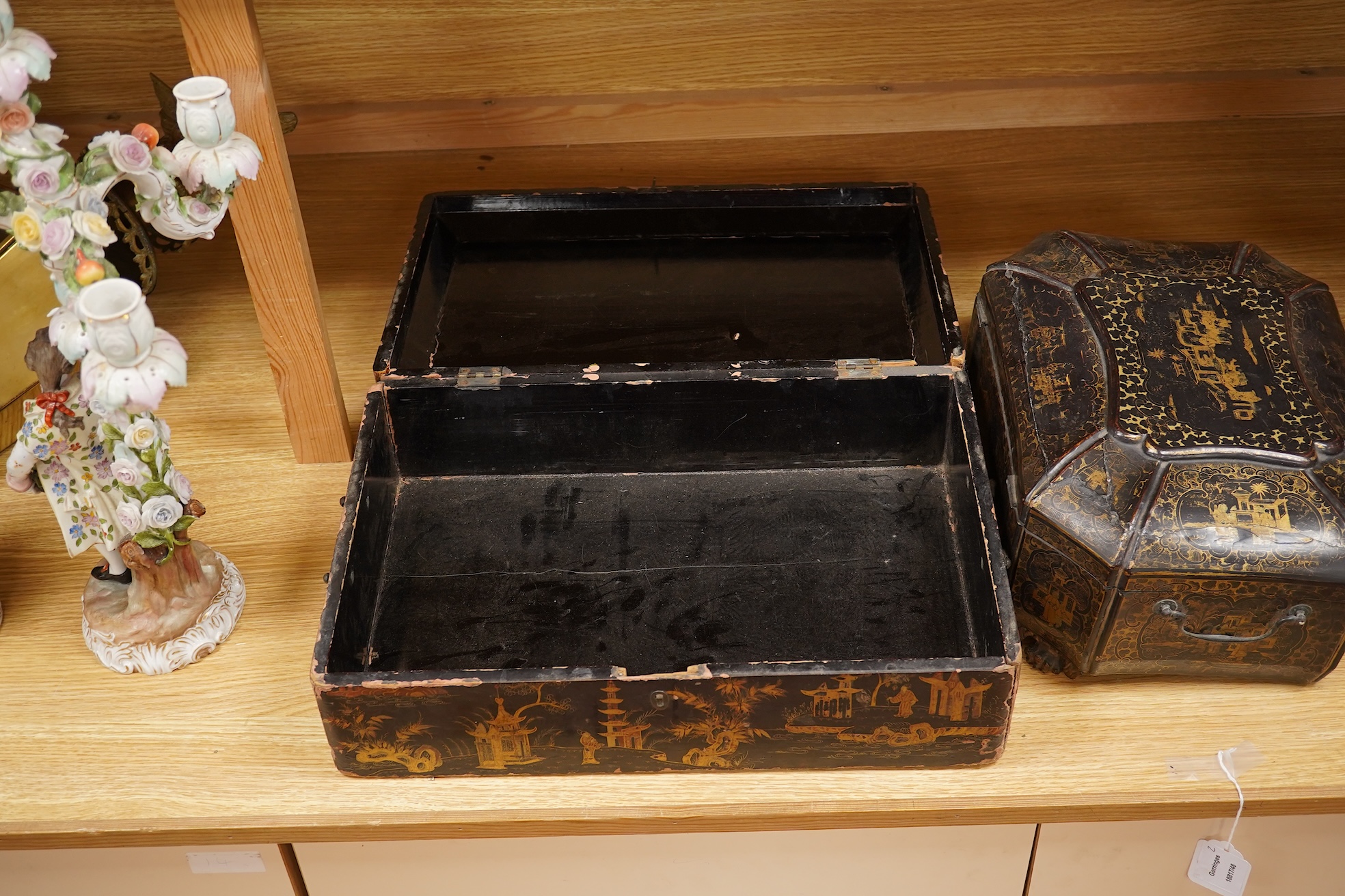 Two 19th century Chinese export lacquer boxes, to include a hexagonal example with front drawer and key, 36cm wide x 28cm deep x 16cm high